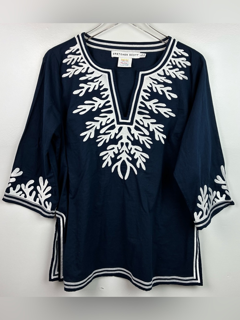 Gretchen Scott Navy Blue Embroidered Tunic Top